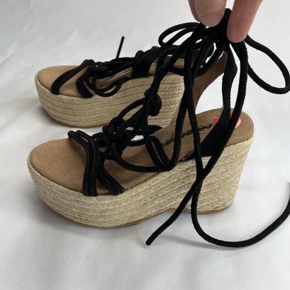 Free People Sandal Platform Wedge Espadrille 6 / 36 Black Suede Strappy Wrap Up - Picture 3 of 15